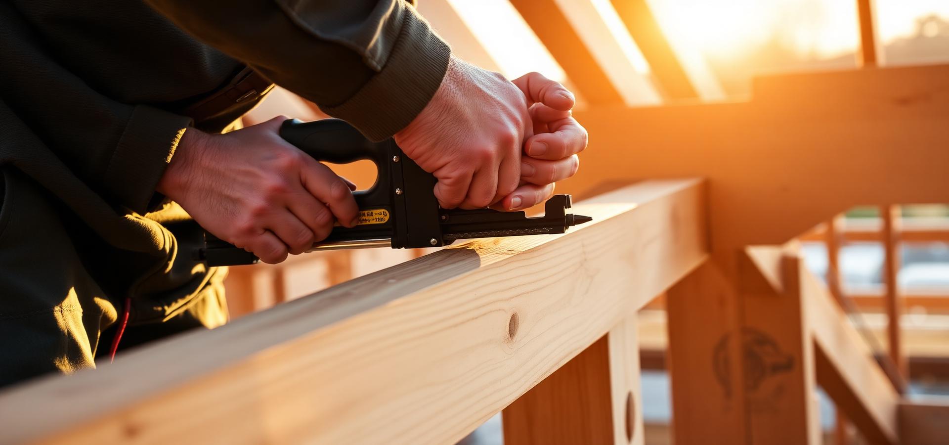Carpenter working with a nail gun on timber framing