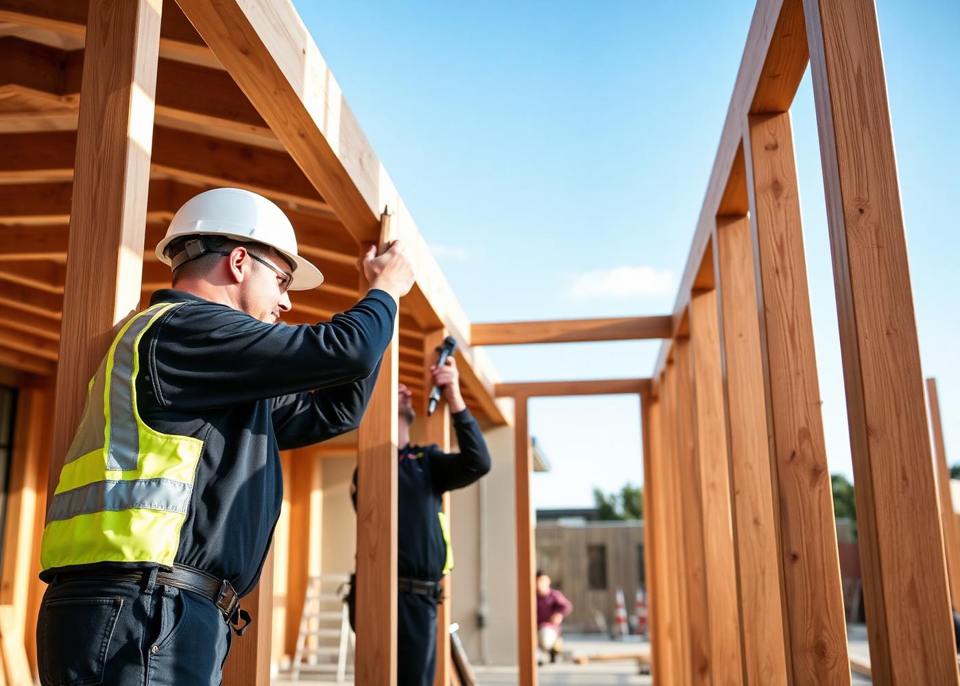 Carpenters installing timber framing on site