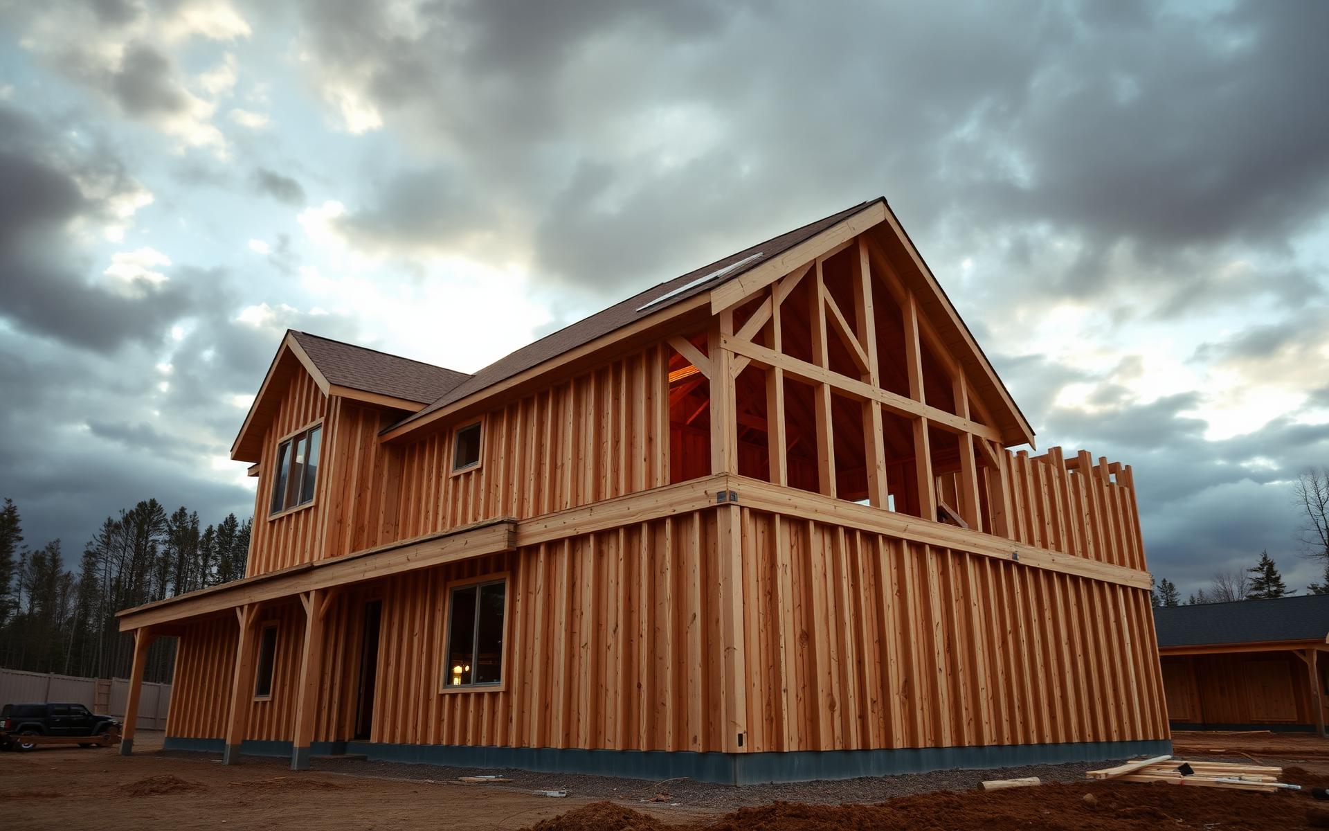 Timber-framed home under construction at dusk